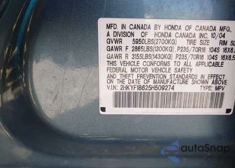 2005 Honda Pilot Ex-L z USA, uszkodzony, nr VIN 2HKYF18625H509274